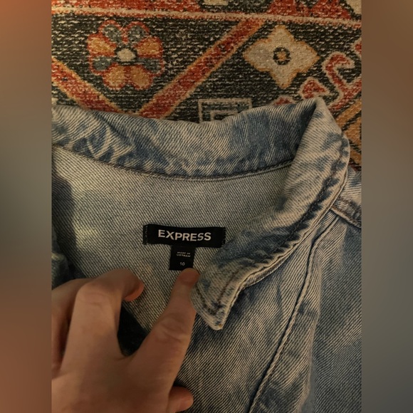 Express Puff Sleeve Tie Waist Medium Wash Denim Jumpsuit - Picture 7 of 8